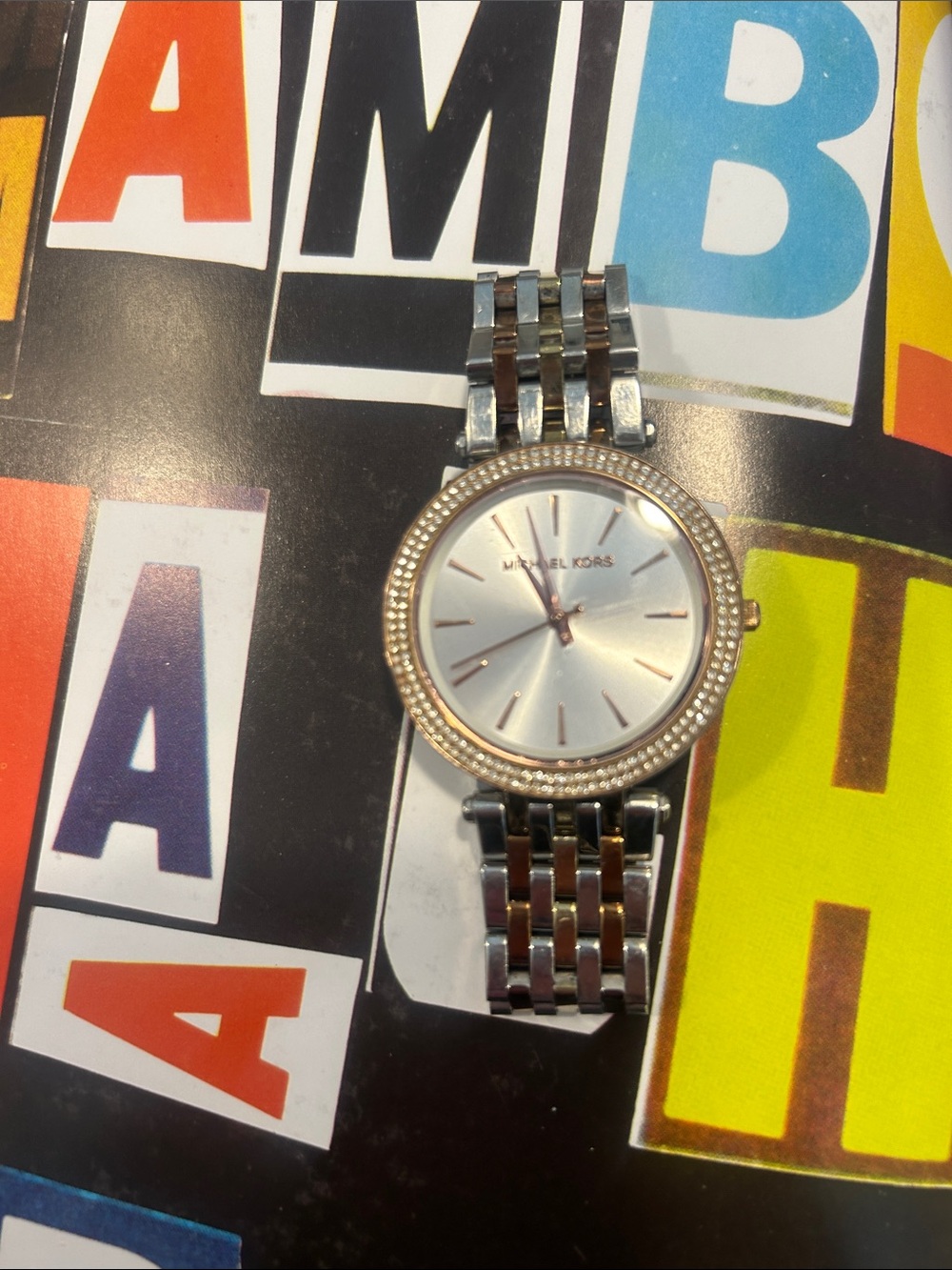 Michael Kors Silver and Rose Gold Crystal Bezel Bracelet Watch - Picture 1 of 5